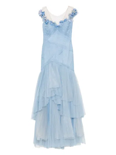 Gemy Maalouf Flower-embellished Layered Tulle Maxi Dress In Blue
