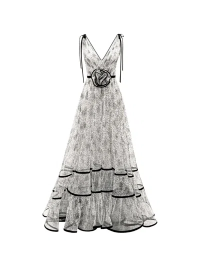 Gemy Maalouf Flower-embellished Tiered Dress In Black