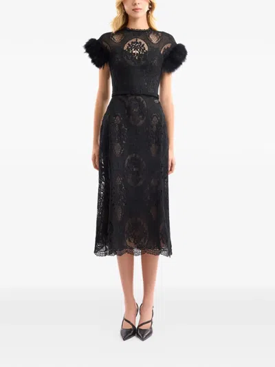 Gemy Maalouf Lace Feathers Midi Dress In Black
