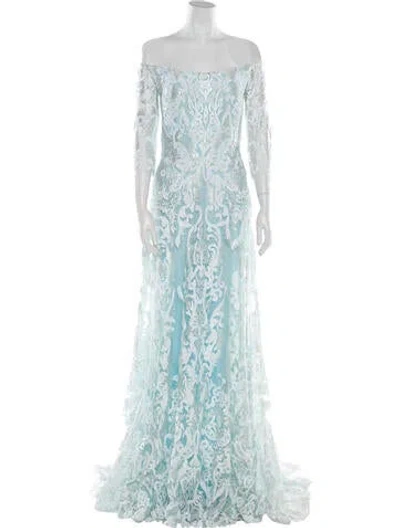 Pre-owned Gemy Maalouf Lace Pattern Long Dress W/ Tags In Blue