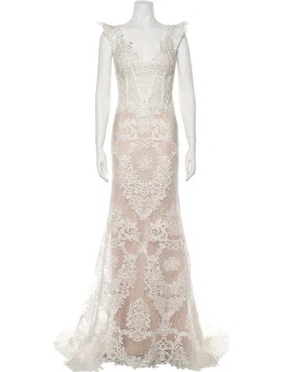 Pre-owned Gemy Maalouf Lace Pattern Long Dress In White