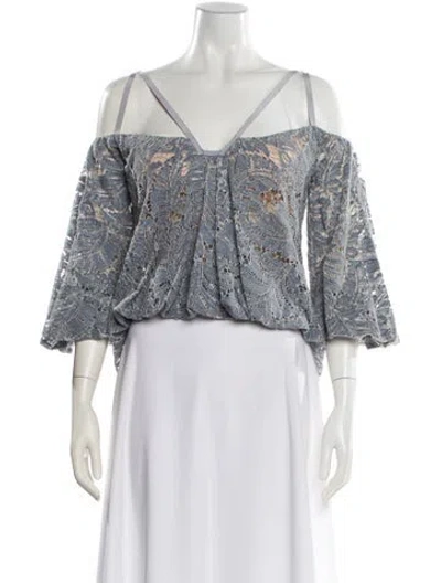 Pre-owned Gemy Maalouf Lace Pattern Off-the-shoulder Blouse In Blue
