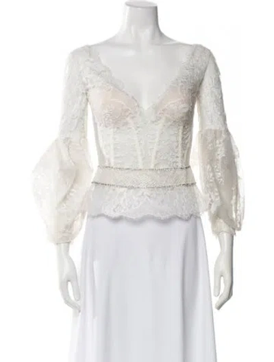 Pre-owned Gemy Maalouf Lace Pattern V-neck Blouse In White