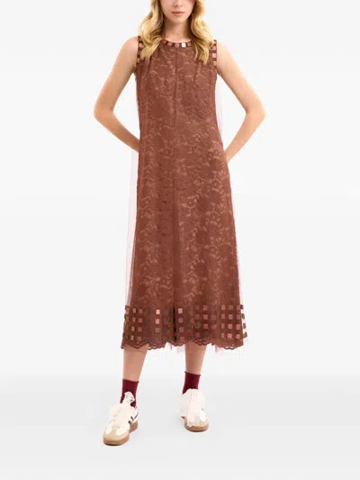 Gemy Maalouf Lace Tulle Midi Dress In Brown