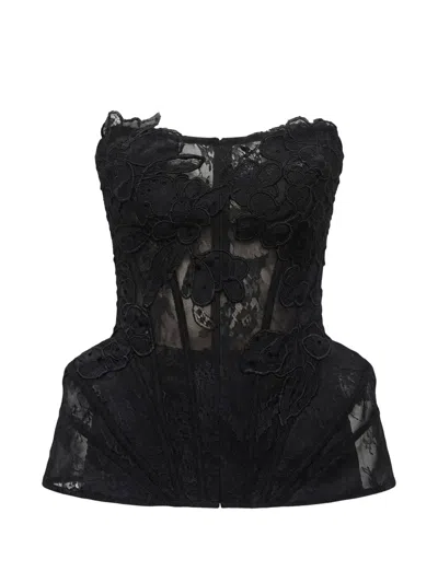 Gemy Maalouf Lace-overlay Strapless Corset Top In Black