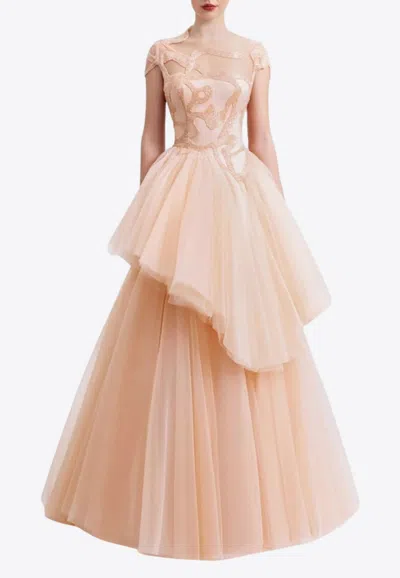 Gemy Maalouf Layered Ruffle Tulle Gown In Neutral