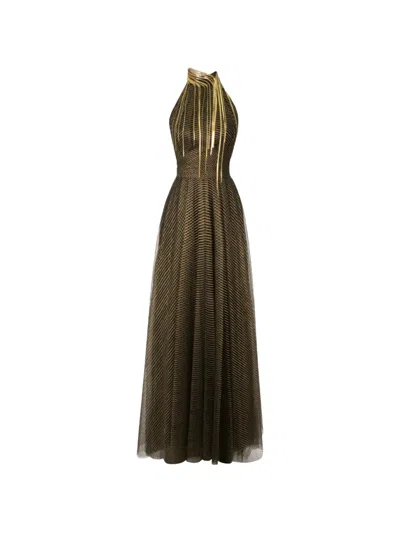 Gemy Maalouf Metallic Fringes Tulle Maxi Dress