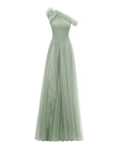 Gemy Maalouf Mint Long Dress With Flower Design - Long Dresses In Green