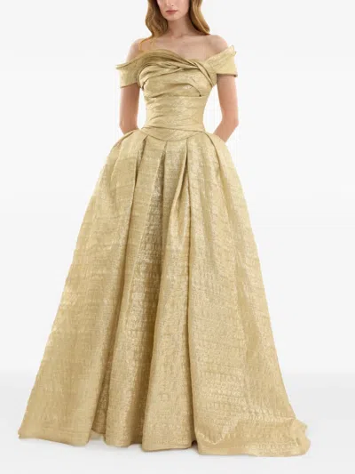 Gemy Maalouf Off-shoulder Jacquard Maxi Dress In Gold