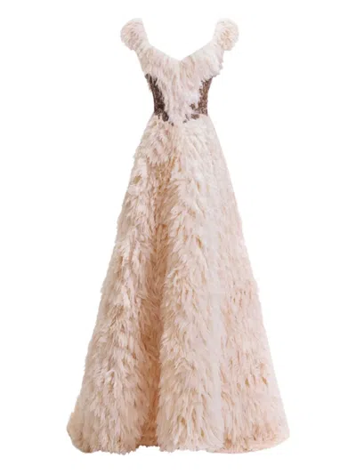 Gemy Maalouf Off-shoulder Ruffled Dress In Brown