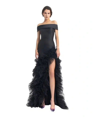 Gemy Maalouf Off The Shoulder Satin Gown In Black