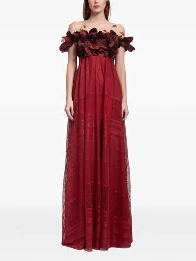 Gemy Maalouf Off-shoulder Flower-detail Maxi Dress In Red