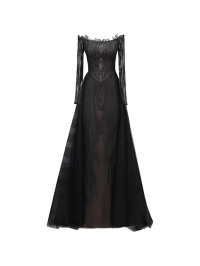 Gemy Maalouf Off-shoulder Long-sleeves Maxi Dress In Black