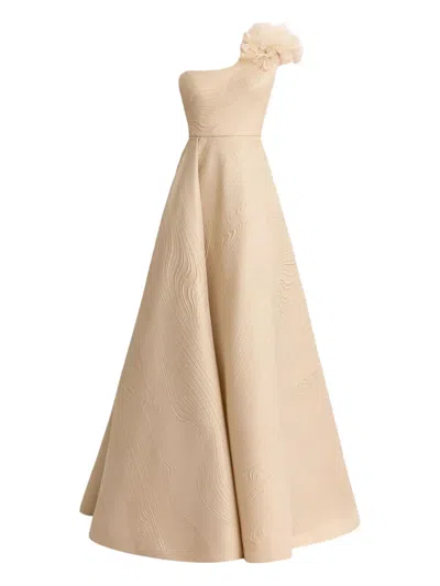 Gemy Maalouf One-shoulder 3d Flowers Gown In Neutral
