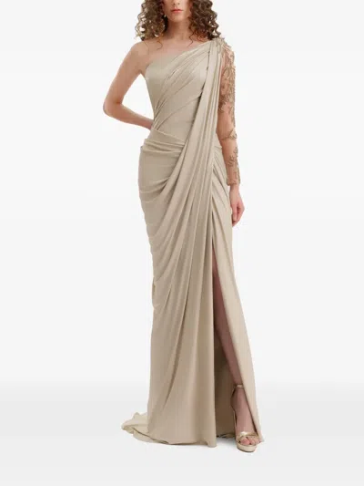 Gemy Maalouf One-shoulder Beaded Draped Dress In Neutral