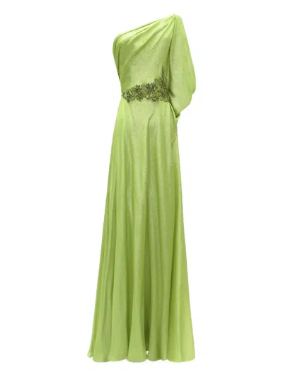 Gemy Maalouf One-shoulder Beaded-waistline Gown Dress In Green