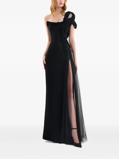 Gemy Maalouf One-shoulder Sculptural Embroidery Maxi Dress In Black