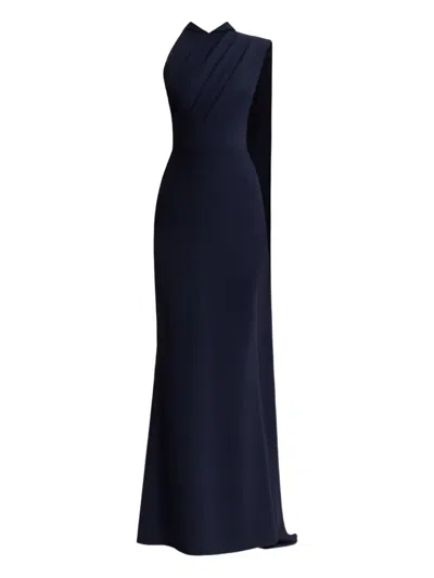 Gemy Maalouf Padded Shoulder Cape Maxi Dress In Blue