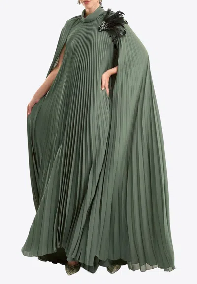 Gemy Maalouf Pleated Kaftan With Feather-on-shoulder In Green