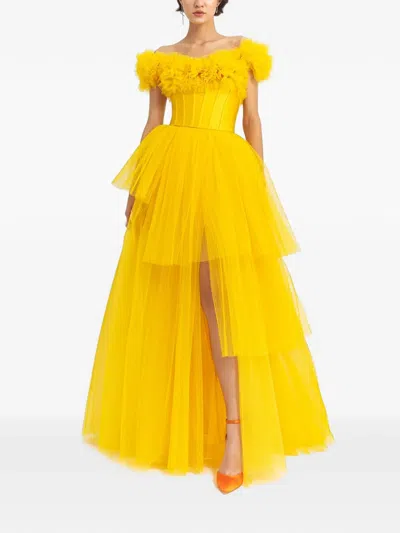 Gemy Maalouf Pleated Layered Maxi Dress In Yellow
