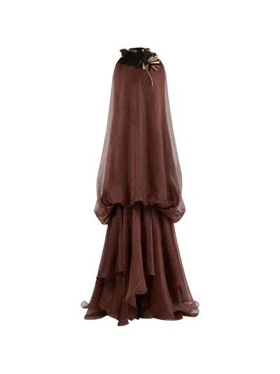 Gemy Maalouf Pleated-ruffle Tiered Dress In Brown