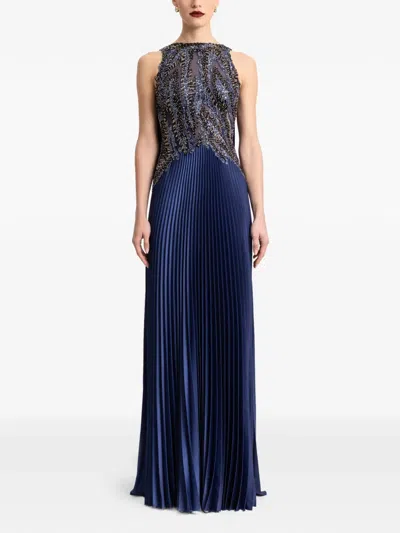 Gemy Maalouf Plissé Embellished Gown In Blue