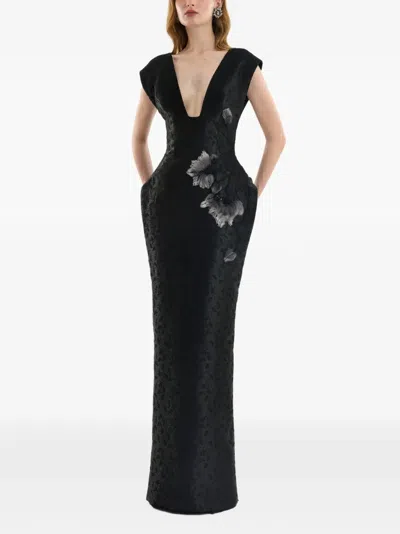 Gemy Maalouf Plunging Jacquard Maxi Dress In Black