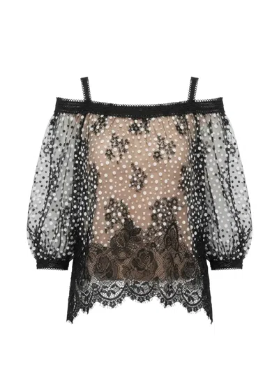 Gemy Maalouf Polka-dot Lace-trimmed Top In Black