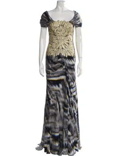 Pre-owned Gemy Maalouf Printed Long Dress In Blue
