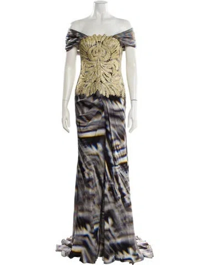 Pre-owned Gemy Maalouf Printed Long Dress In Gray