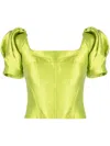 Gemy Maalouf Puff-sleeve Satin Cropped Blouse In Green