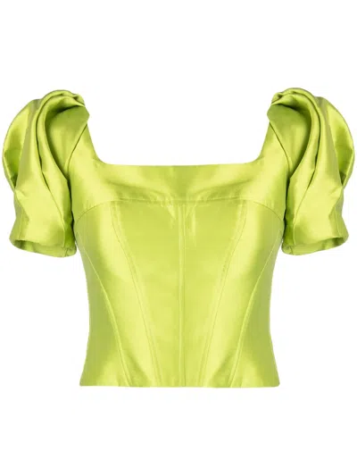 Gemy Maalouf Puff-sleeve Satin Cropped Blouse In Green
