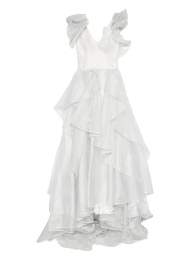 Gemy Maalouf Ruffled Tiered Gown In Silver
