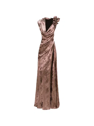 Gemy Maalouf Shimmer Sandwash Flowers Maxi Dress In Brown
