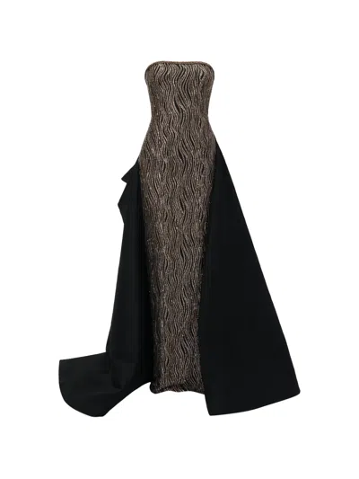 Gemy Maalouf Strapless Beaded Overskirt Maxi Dress In Brown