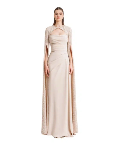 Gemy Maalouf Strapless Dress With Sleeves Cape - Long Dresses In Neutrals