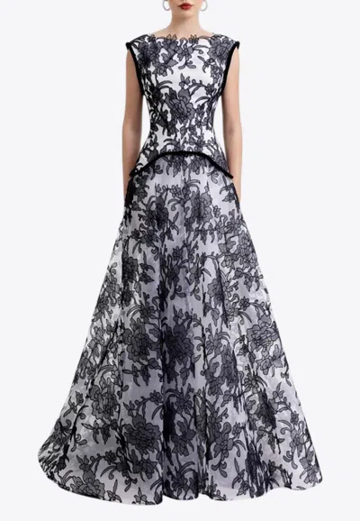 Gemy Maalouf Structured-shoulders Lace Gown In Gray