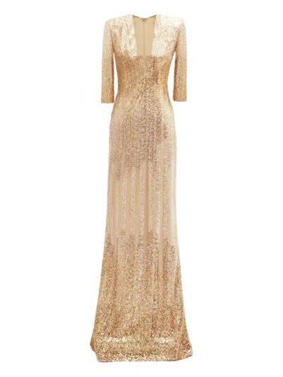Gemy Maalouf V-neck Three-quarter Sleeve Maxi Dress In Gold