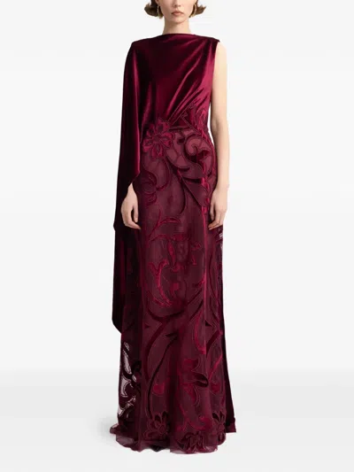 Gemy Maalouf Velvet-trim Embroidered Maxi Dress In Burgundy