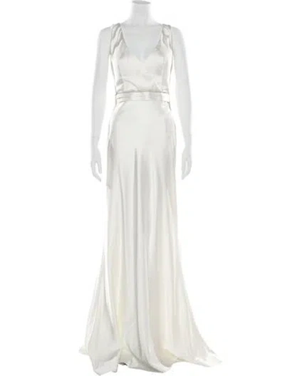 Pre-owned Gemy Maalouf V-neck Long Dress In White