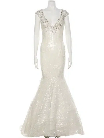 Pre-owned Gemy Maalouf V-neck Long Dress In White