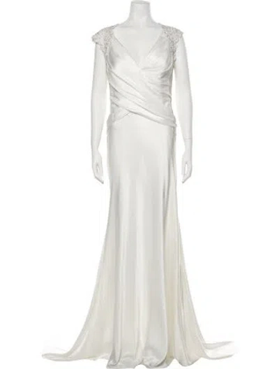 Pre-owned Gemy Maalouf V-neck Long Dress In White