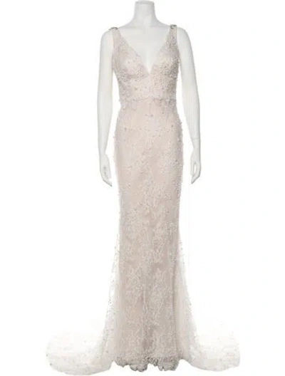 Pre-owned Gemy Maalouf V-neck Long Dress In White