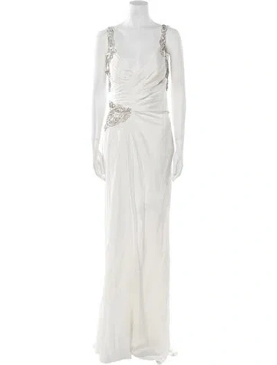 Pre-owned Gemy Maalouf V-neck Long Dress In White