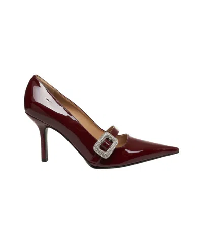 Gender Red Patent Leather Pumps With Delicate Ankle Strap In Burgundy