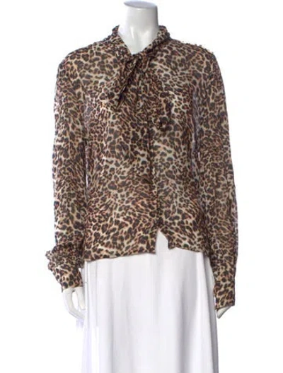 Pre-owned Generation Love Animal Print Tie Neck Blouse In Brown