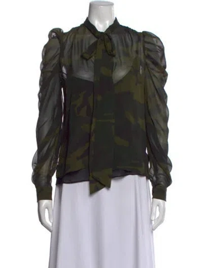 Pre-owned Generation Love Camouflage Print Tie Neck Blouse In Green