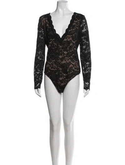 Pre-owned Generation Love Lace Pattern V-neck Bodysuit In Black