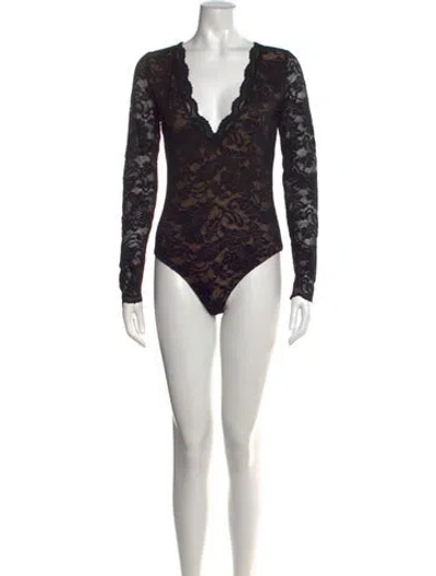 Pre-owned Generation Love Lace Pattern V-neck Bodysuit In Black