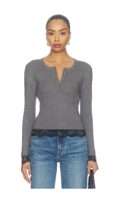 Generation Love Olivia Lace Combo Henley Sweater In Heather Charcoal & Black